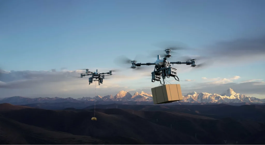 Cargo drone carrying boxes over a port