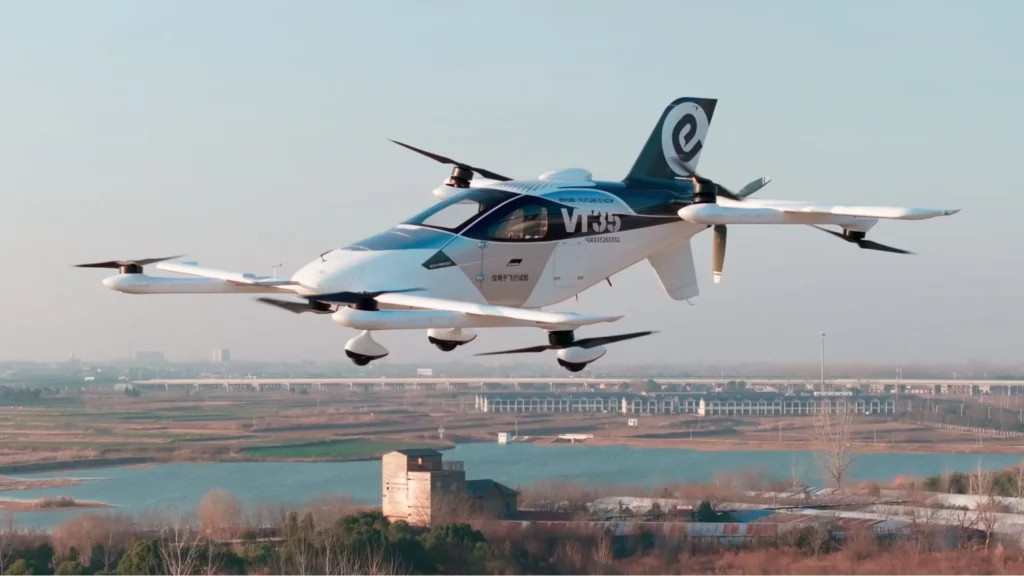 EHang VT35 aircraft flying over a river landscape