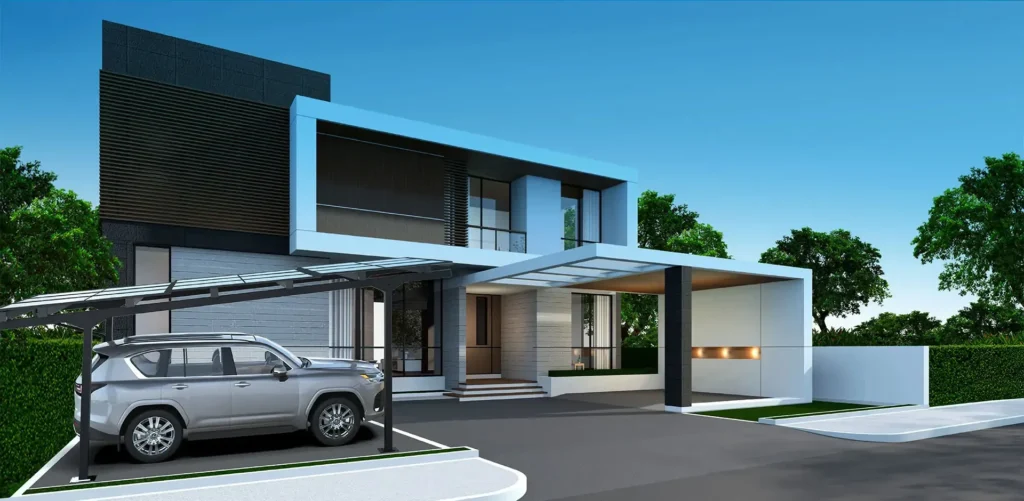 Modern home with solar carport and clean energy setup