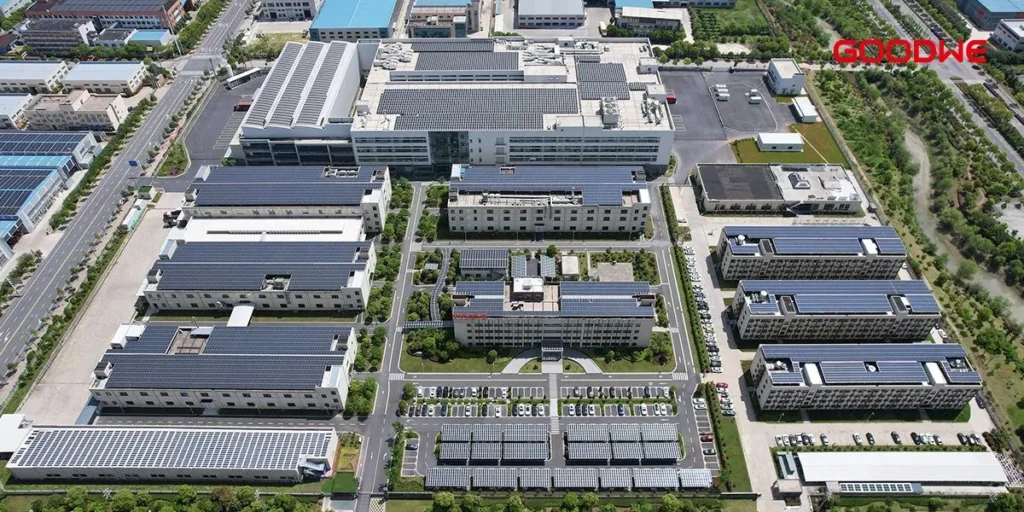 Aerial view of GoodWe facility with rooftop solar panels