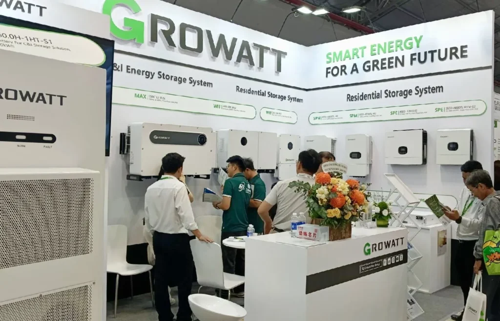 Growatt booth displaying residential energy storage systems at a solar trade show