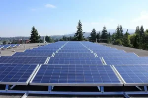 Rooftop solar panels installed on a commercial building