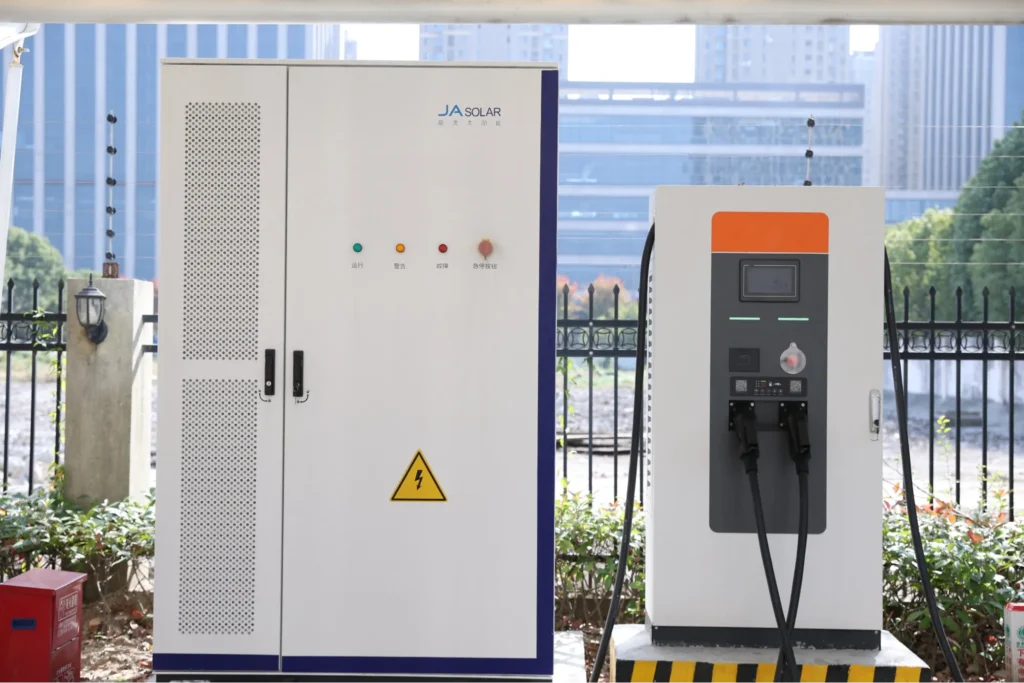 JA Solar energy storage unit beside EV charger