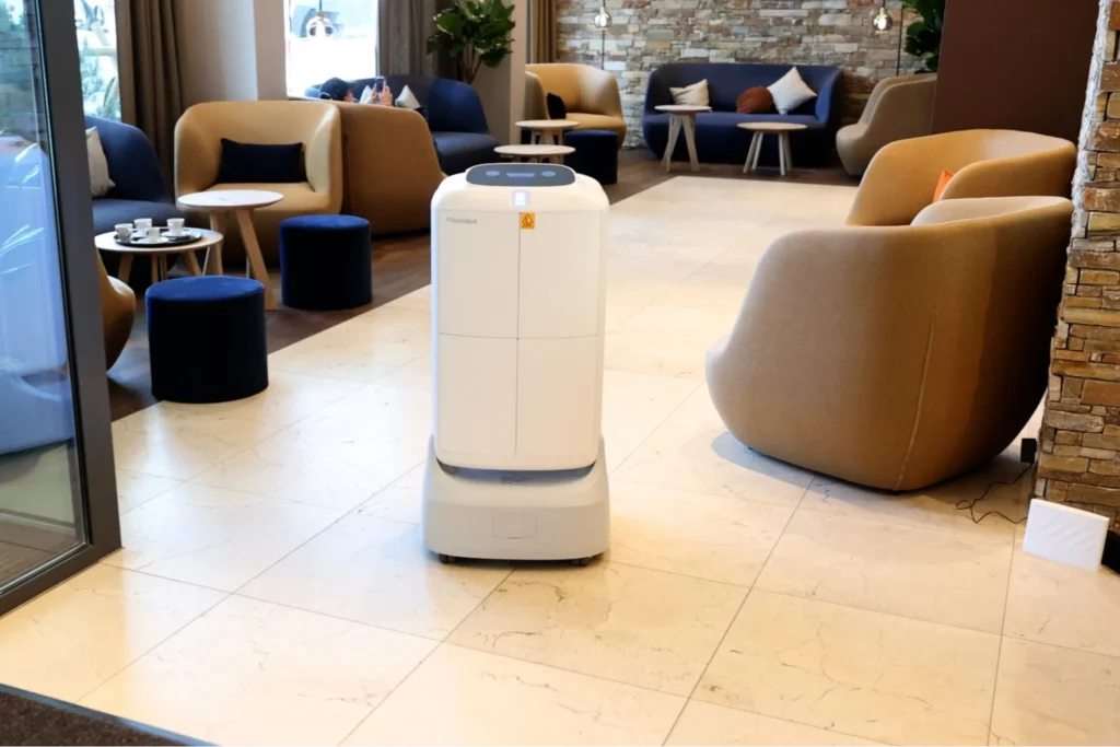 FlashBot robot in hotel lobby