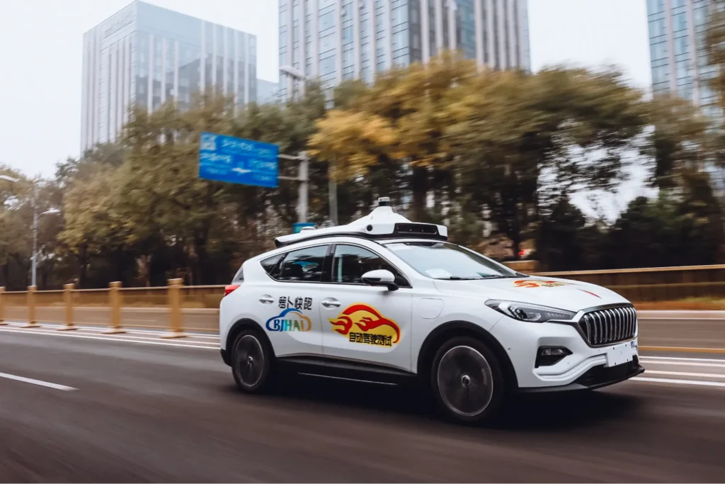 Baidu robot taxi driving through a city road