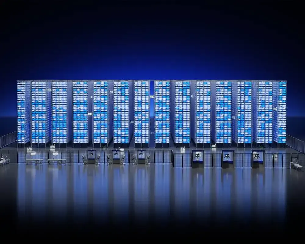 Hai robot retrieving totes from high warehouse shelves