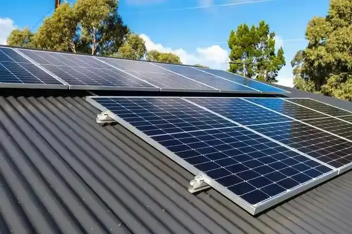Rooftop solar panels on a metal roof