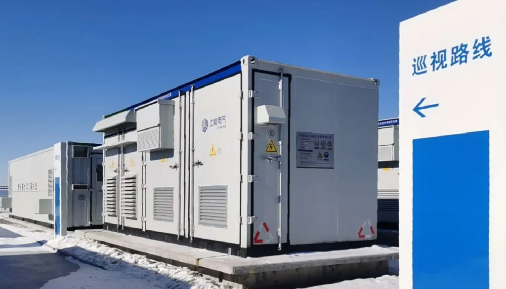 Sineng power equipment containers at a snowy energy site.