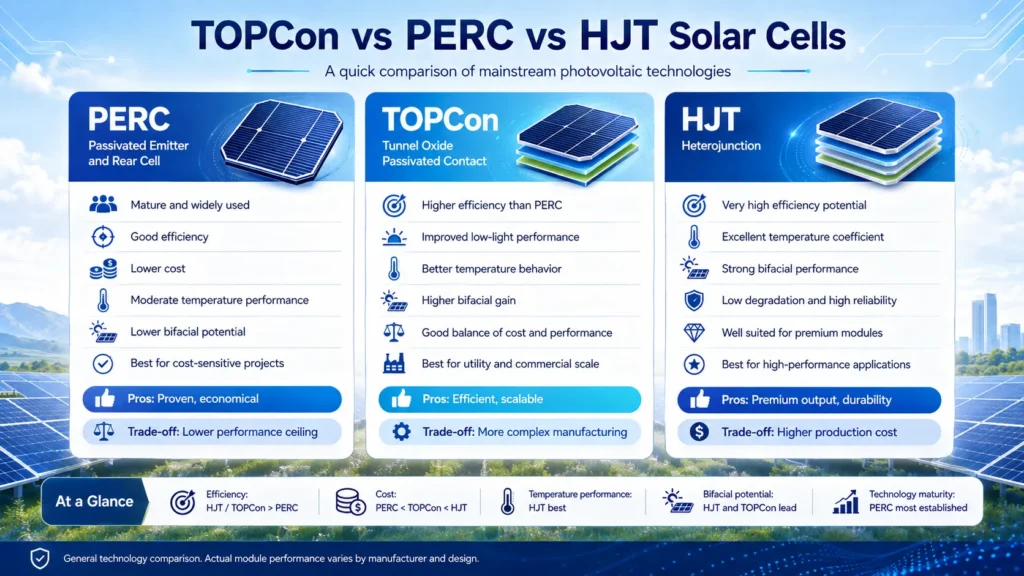 TOPCon vs PERC vs HJT solar cells comparison