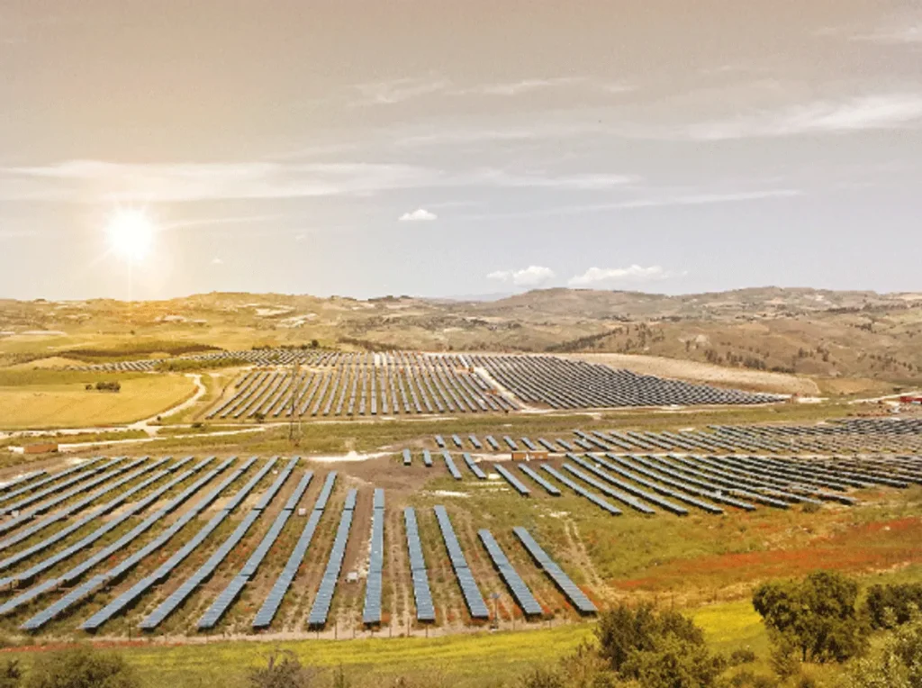 Solar farm at sunset