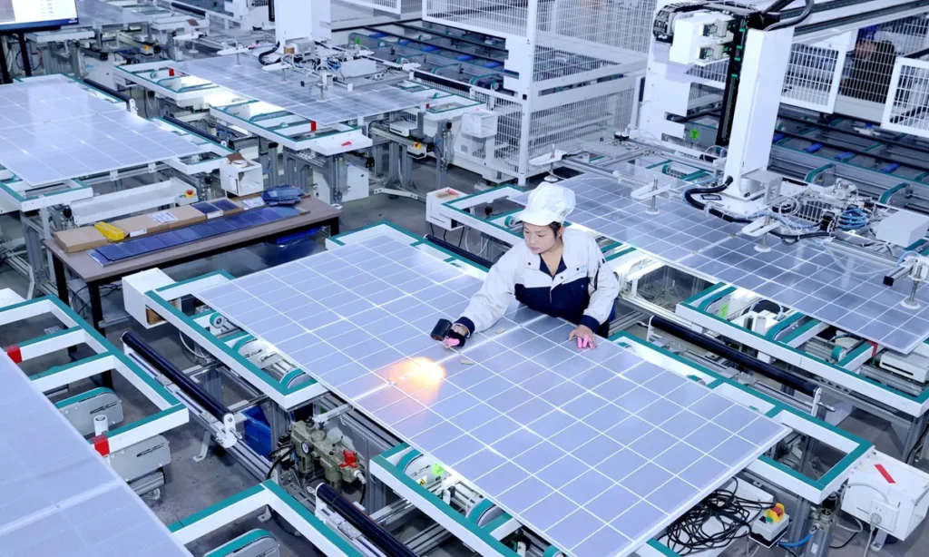 Worker inspecting solar panels