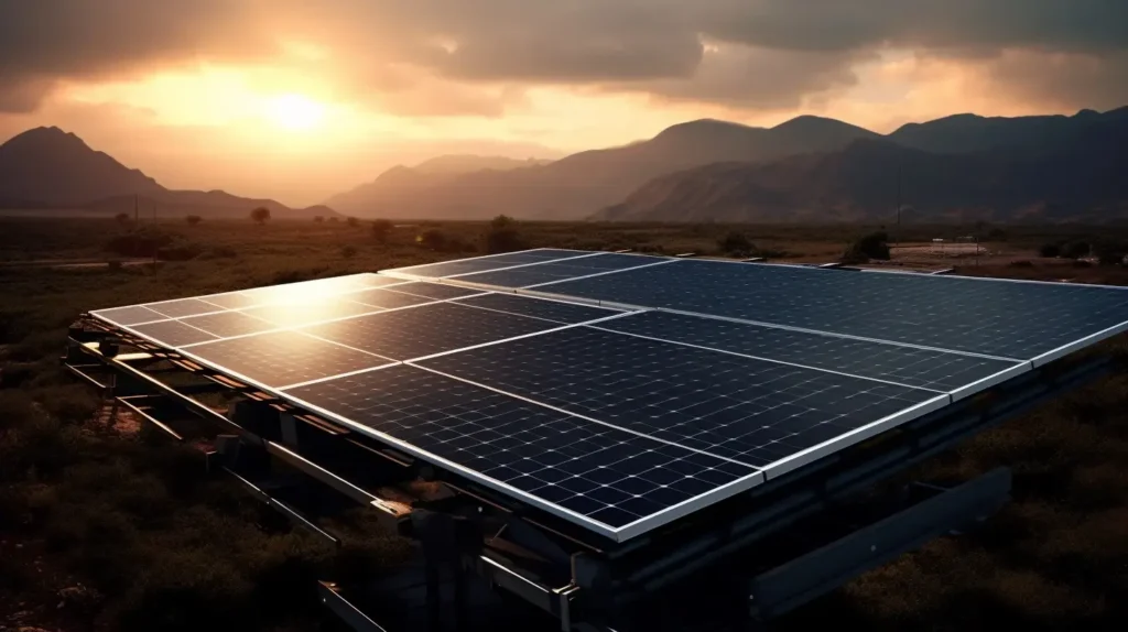Chinese solar modules shown on a ground mounted panel near mountains at sunset