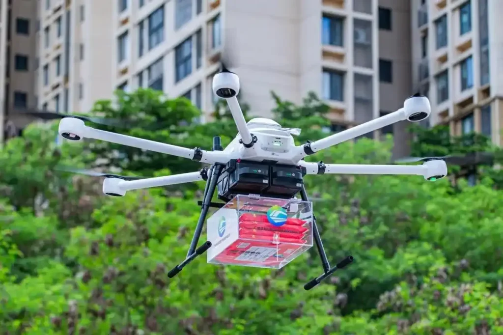 Delivery drone carrying package in city
