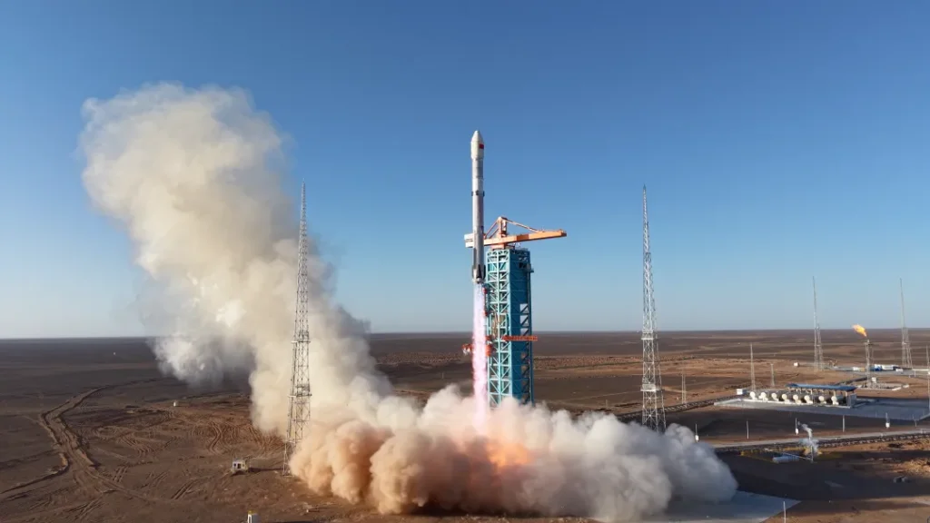 Rocket launching from a desert spaceport