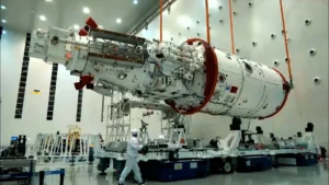 Chinese spacecraft undergoing indoor assembly