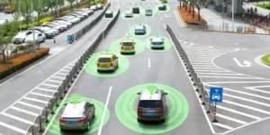 Connected vehicles using intelligent transportation technology on a city road.
