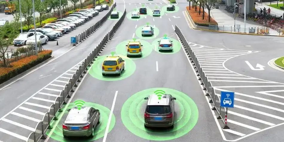 Connected vehicles using intelligent transportation technology on a city road.