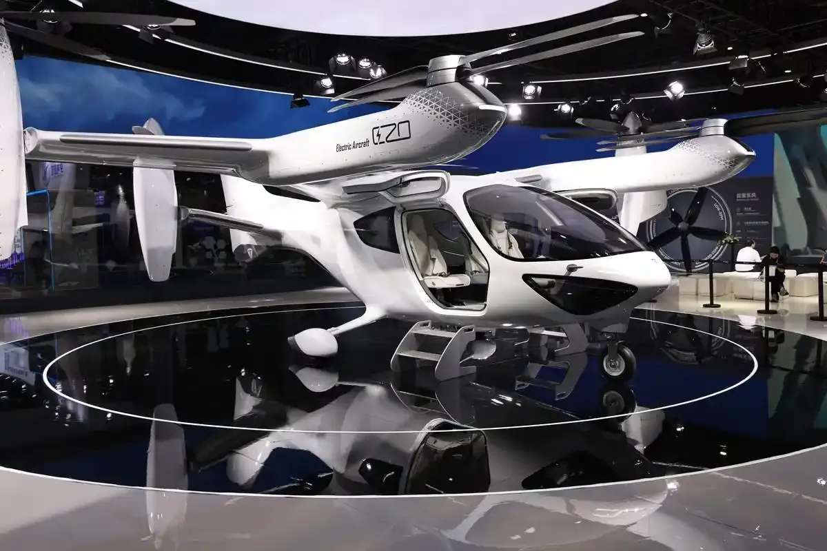 E20 electric aircraft showcased on exhibition platform