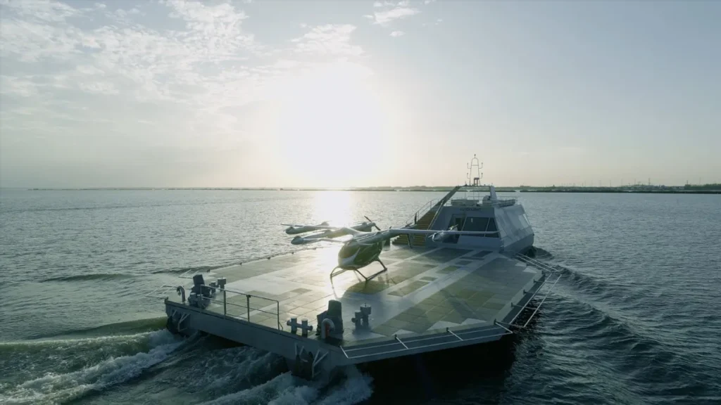 Floating vertiport platform with eVTOL aircraft on water