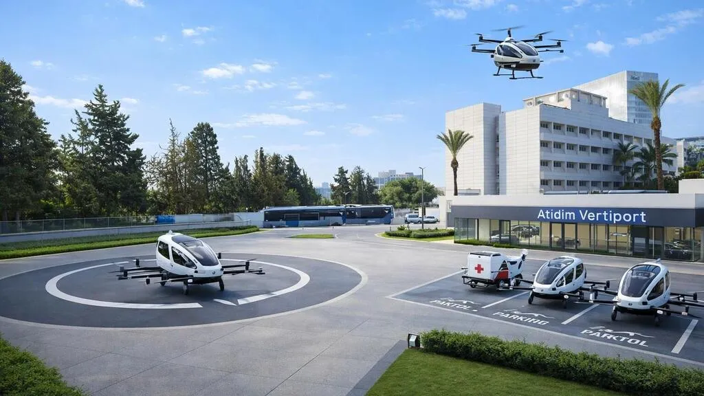 Modern vertiport with eVTOL aircraft and landing pads