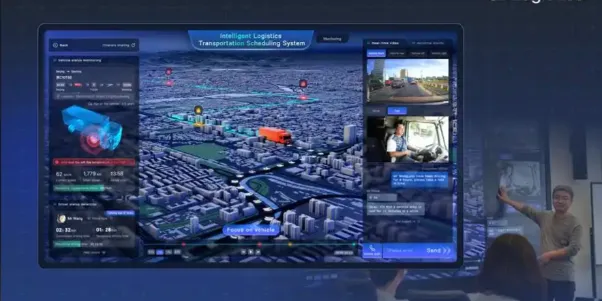 Digital transportation management system displaying real-time traffic and logistics data.