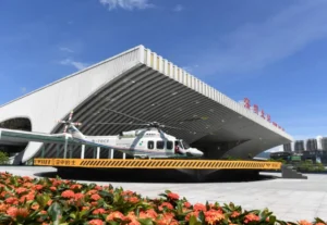 Helicopter parked outside a low altitude transport terminal