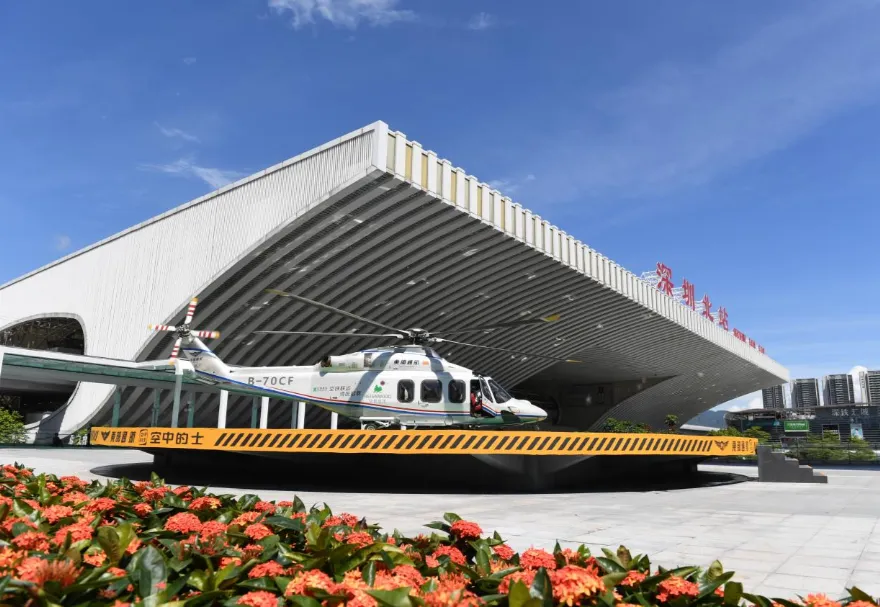 Helicopter parked outside a low altitude transport terminal