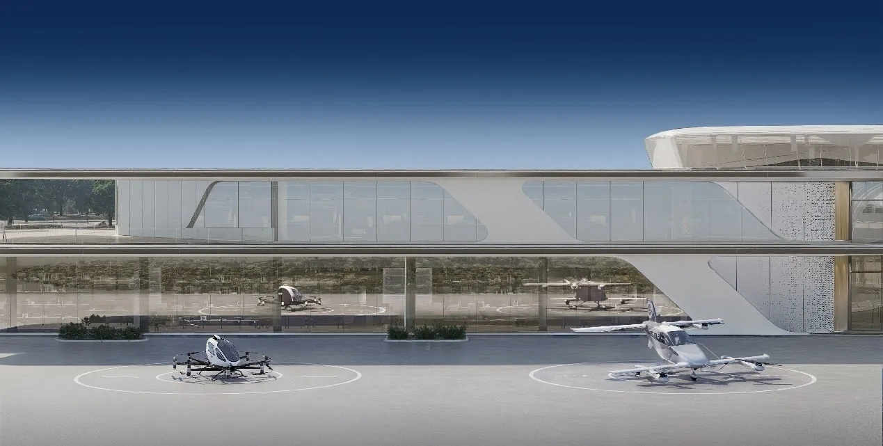 Modern vertiport terminal with eVTOL aircraft on landing pads