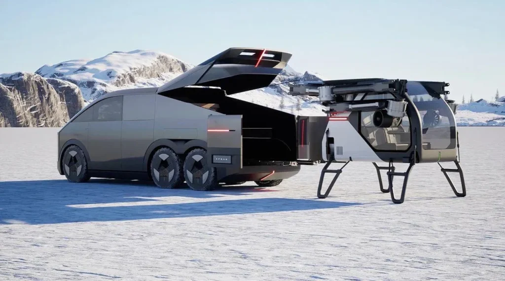 Electric VTOL aircraft beside a futuristic vehicle in a snowy mountain setting