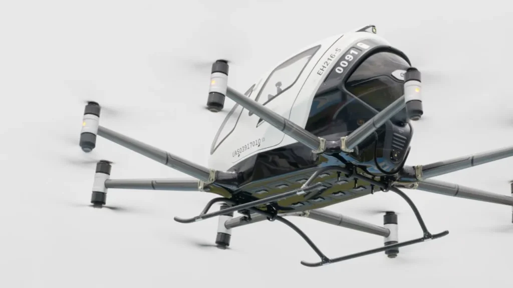 Close view of a passenger electric VTOL aircraft flying with multiple rotors