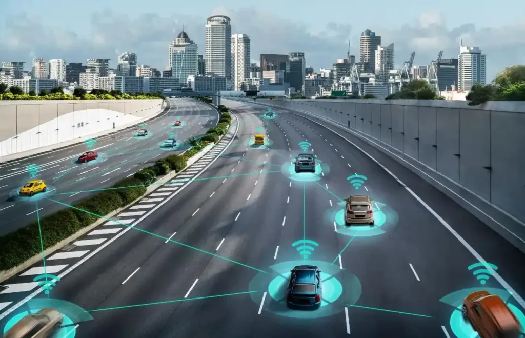 Smart highway showing connected vehicles communicating through an intelligent transport network.