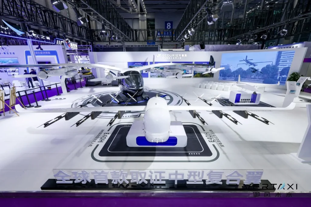 Courier-style eVTOL aircraft displayed at aerospace event