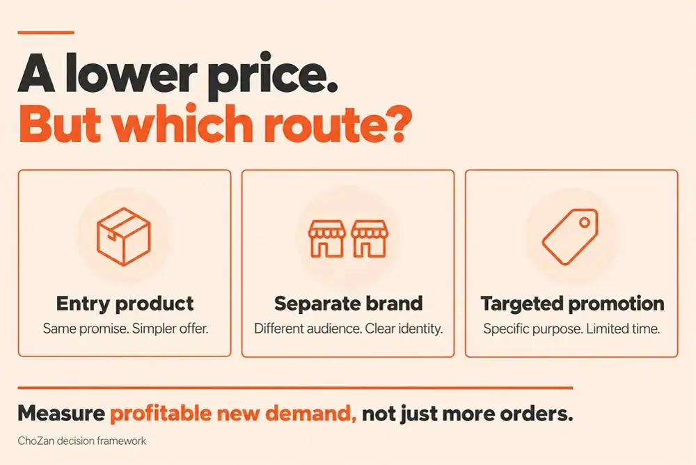 A lower price. But which route? Entry product: same promise, simpler offer. Separate brand: different audience, clear identity. Targeted promotion: specific purpose, limited time. Measure profitable new demand, not just more orders.