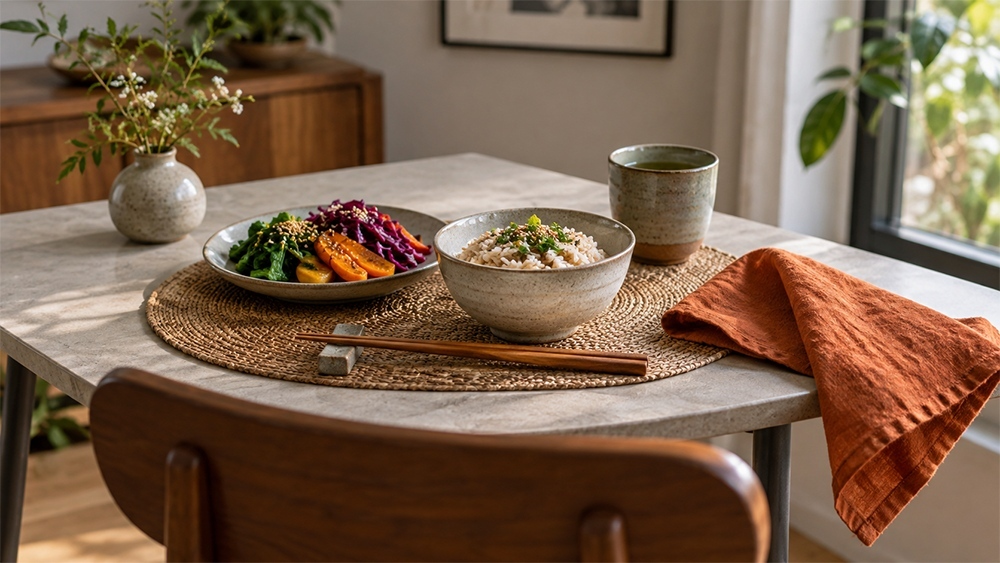 One meal and one place setting on a compact dining table.