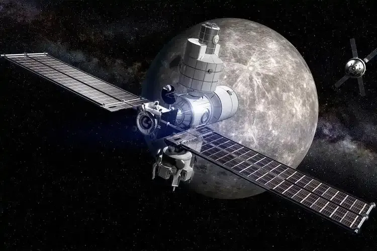 Illustration of a spacecraft with solar panels orbiting the Moon