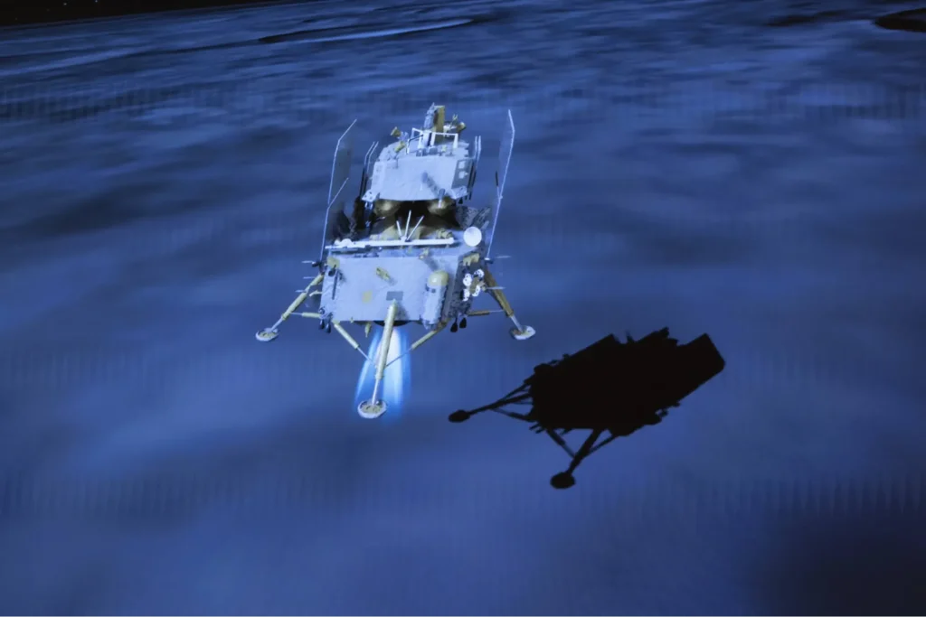 Illustration of a Chinese lunar lander descending toward the Moon